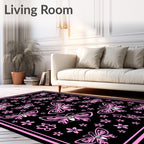 Pink Butterfly Garden Black Rug