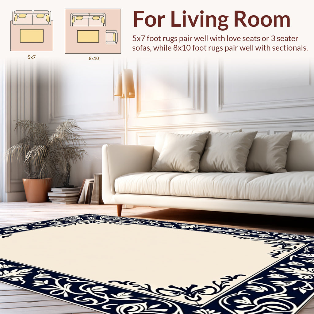 Dark Blue Floral Classic Border Rug
