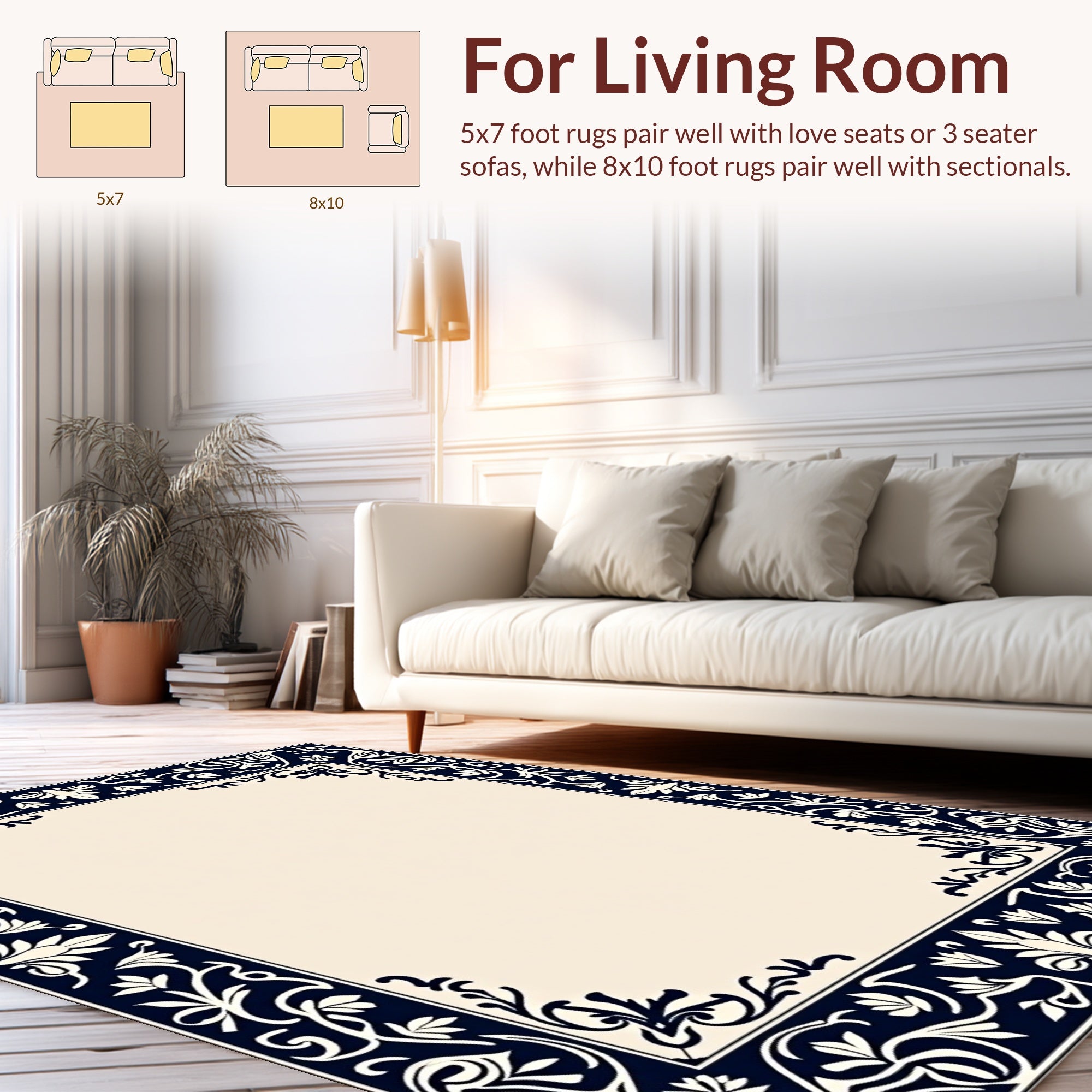 Dark Blue Floral Classic Border Rug