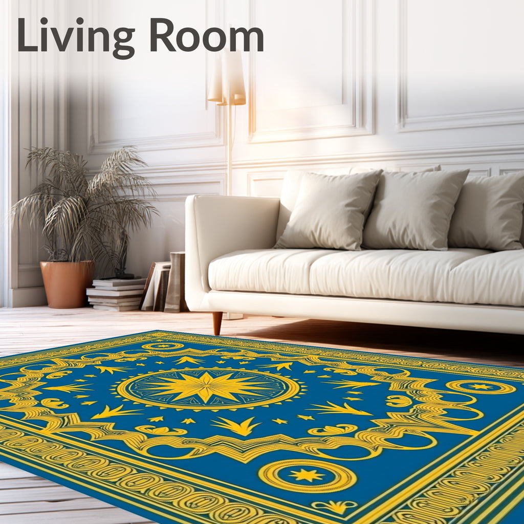 Blue Yellow Sunburst Medallion Border Rug