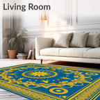 Blue Yellow Sunburst Medallion Border Rug