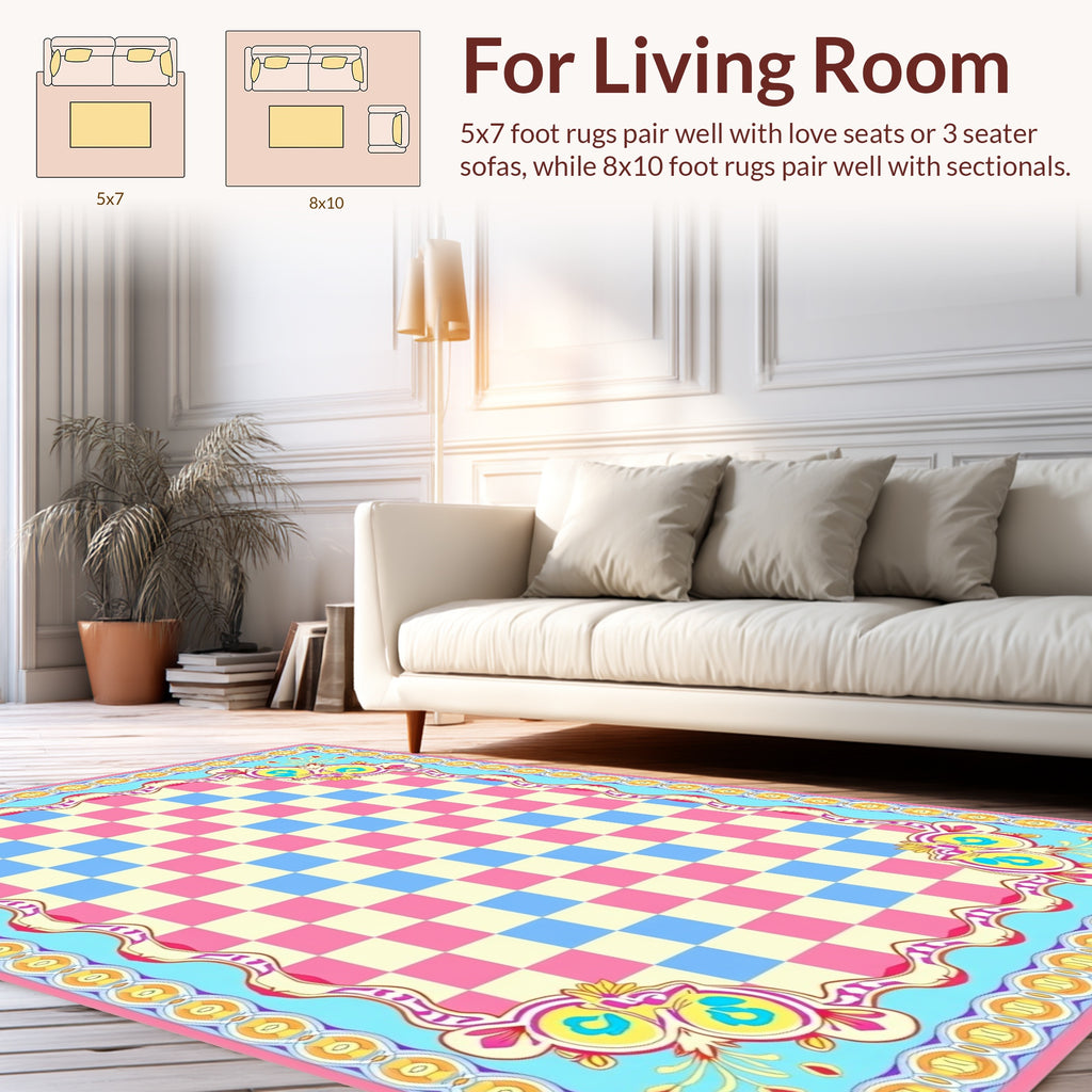 Whimsical Checkered Floral Design Rug