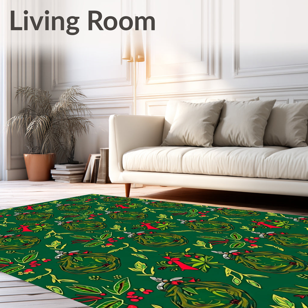 Festive Green Wreath Red Bow Rug