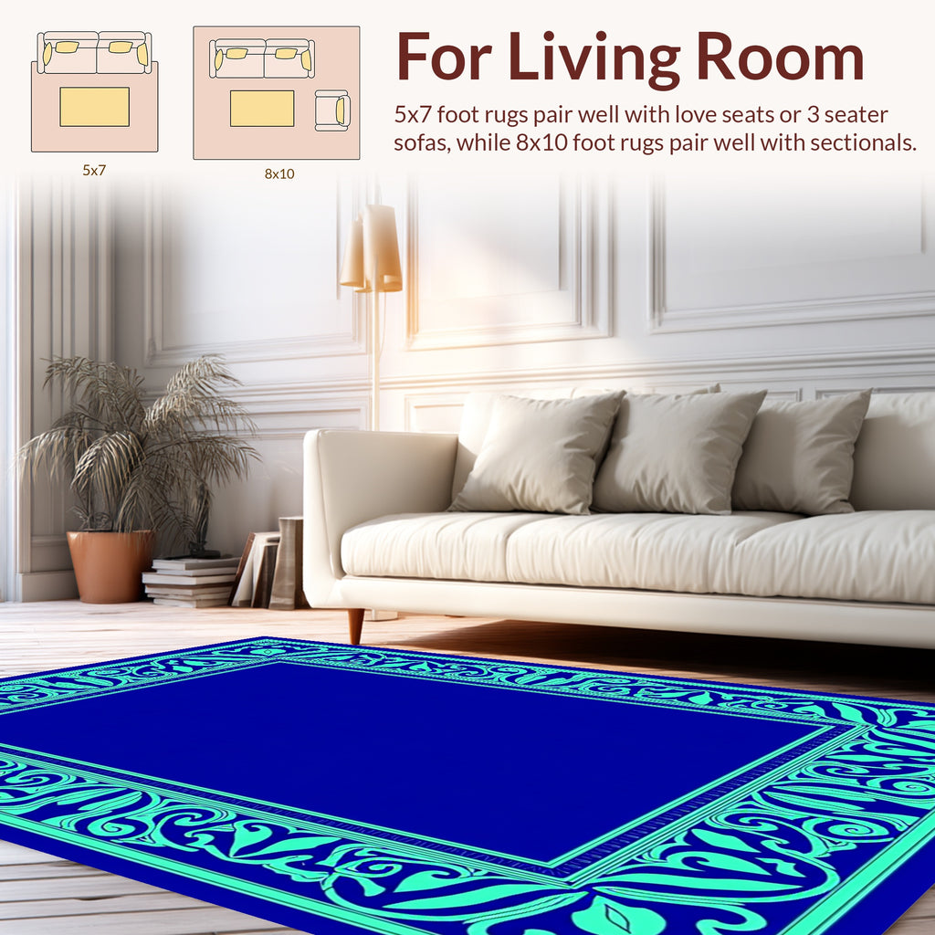 Ocean Teal Floral Scroll Frame Design Rug