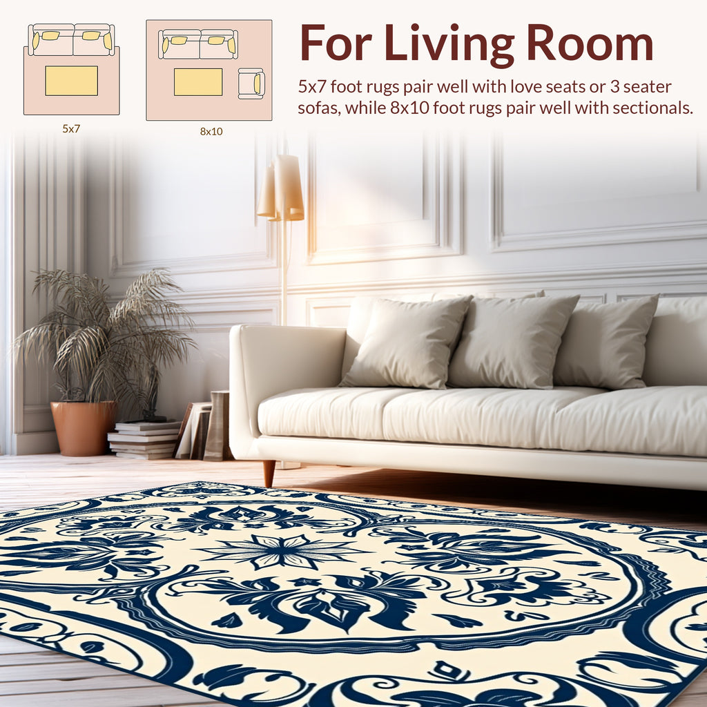 Navy Floral Inlay Mandala Pattern Rug