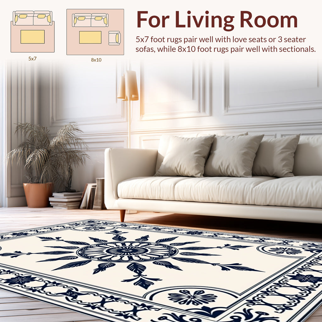 Navy Blue Floral Medallion Border Rug