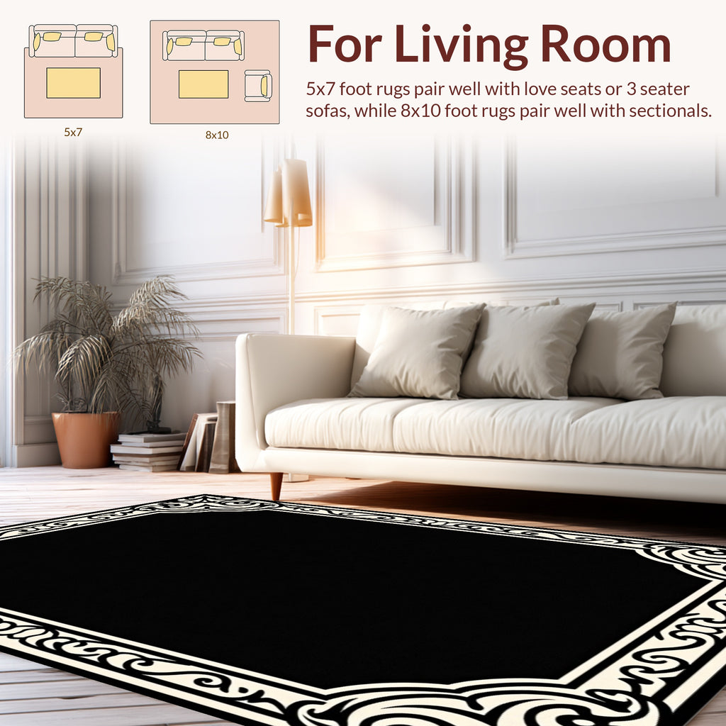 Black Cream Ornate Border Design Rug