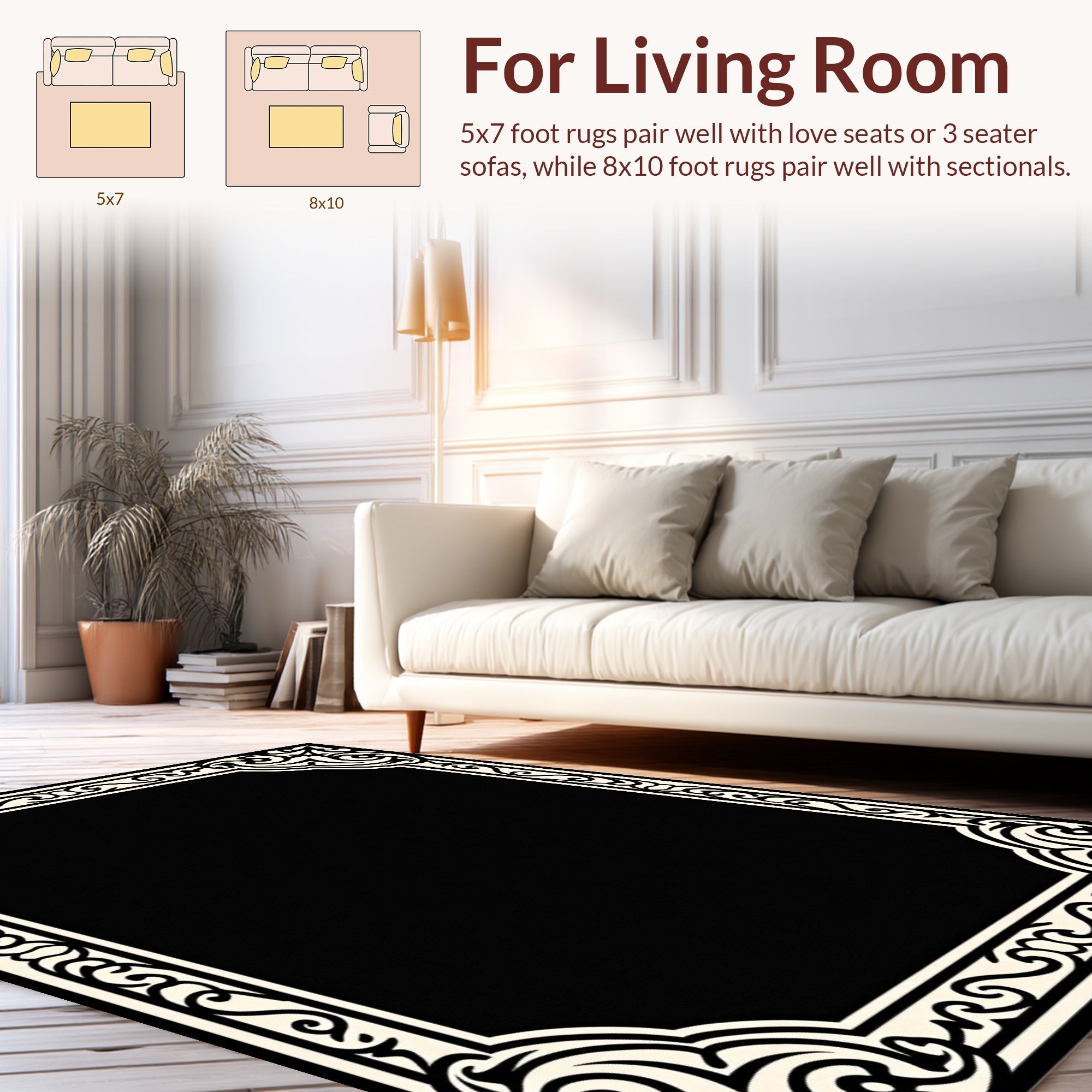 Black Cream Ornate Border Design Rug