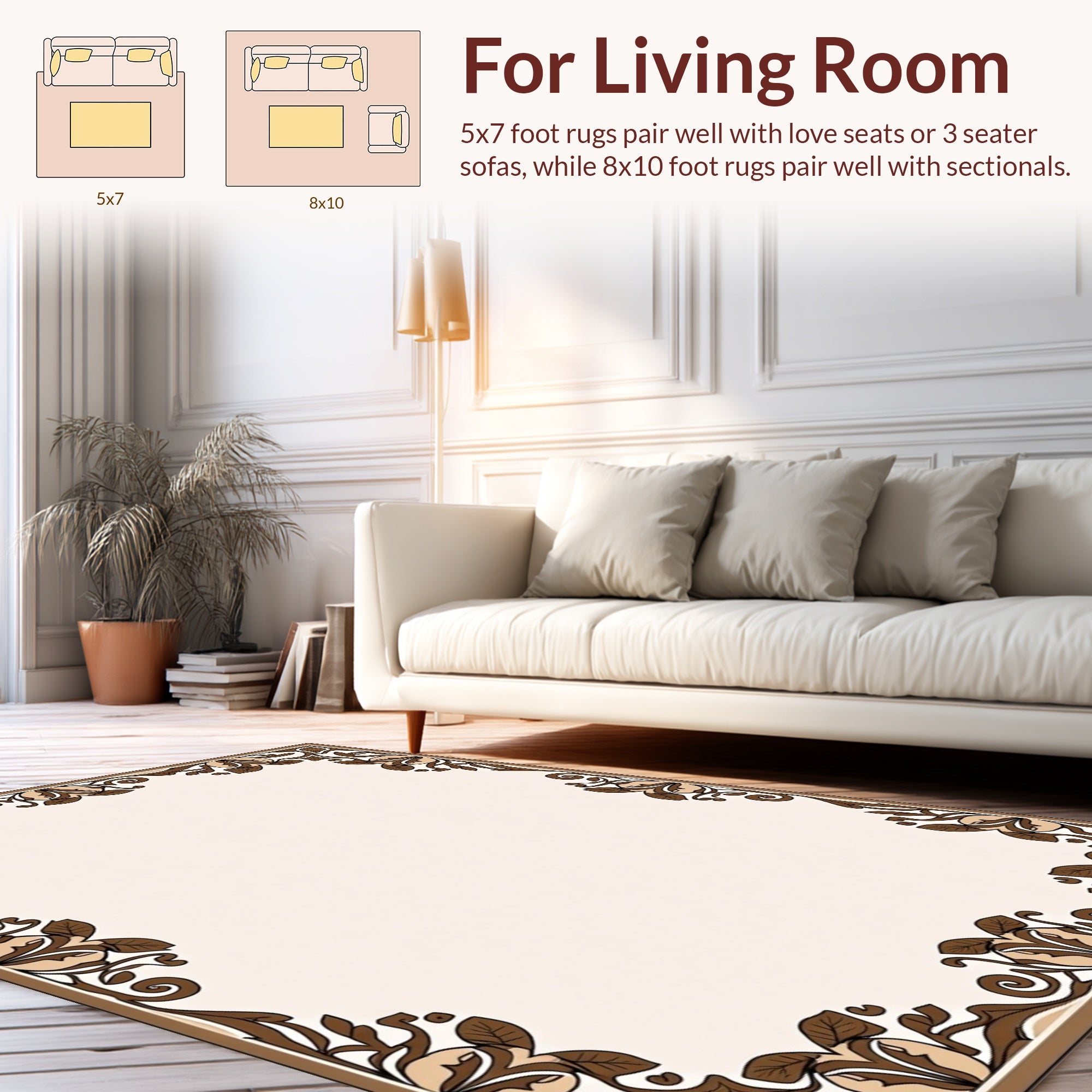 Brown Floral Vine Border Design Rug