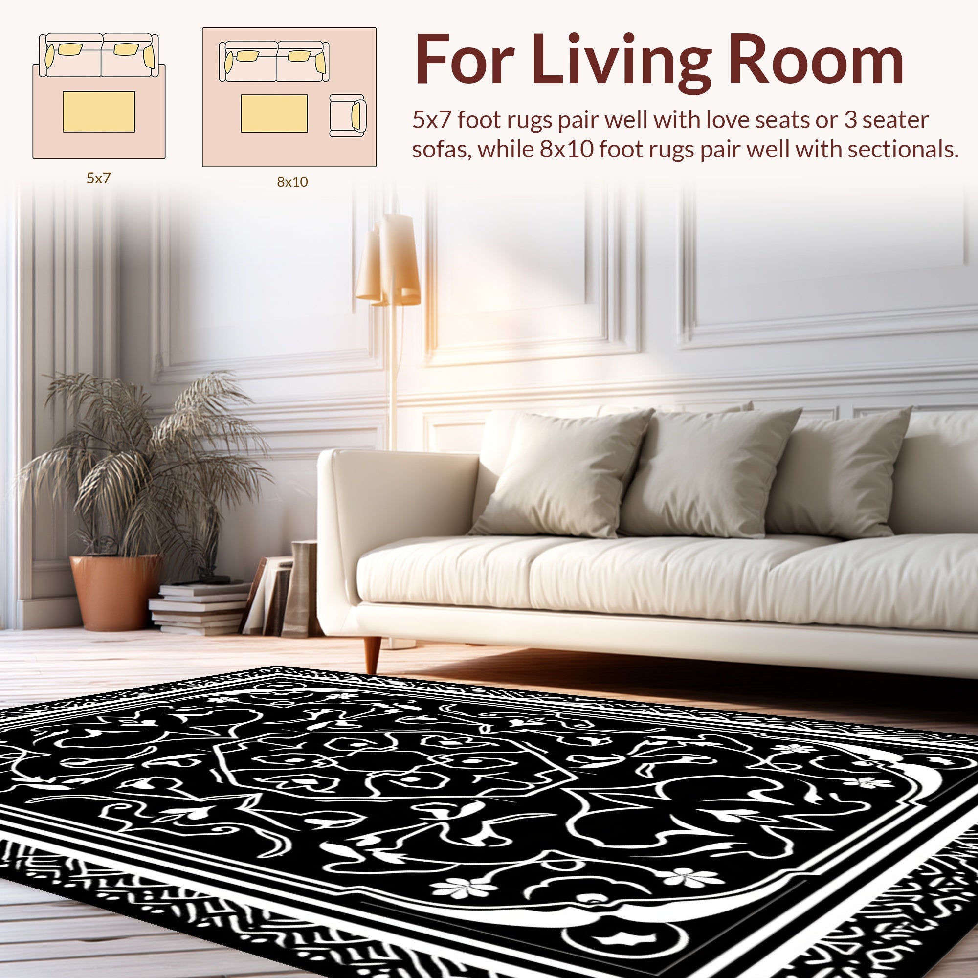Classic Black White Floral Arabesque Rug