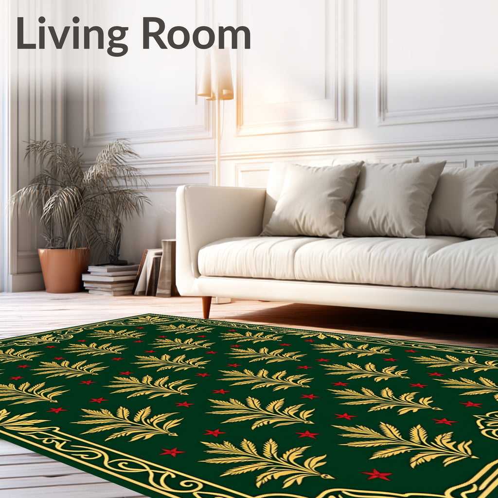 Emerald Green Golden Leaf Red Star Rug