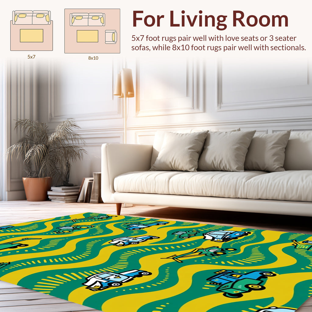 Playful Vehicles On Wavy Pattern Rug