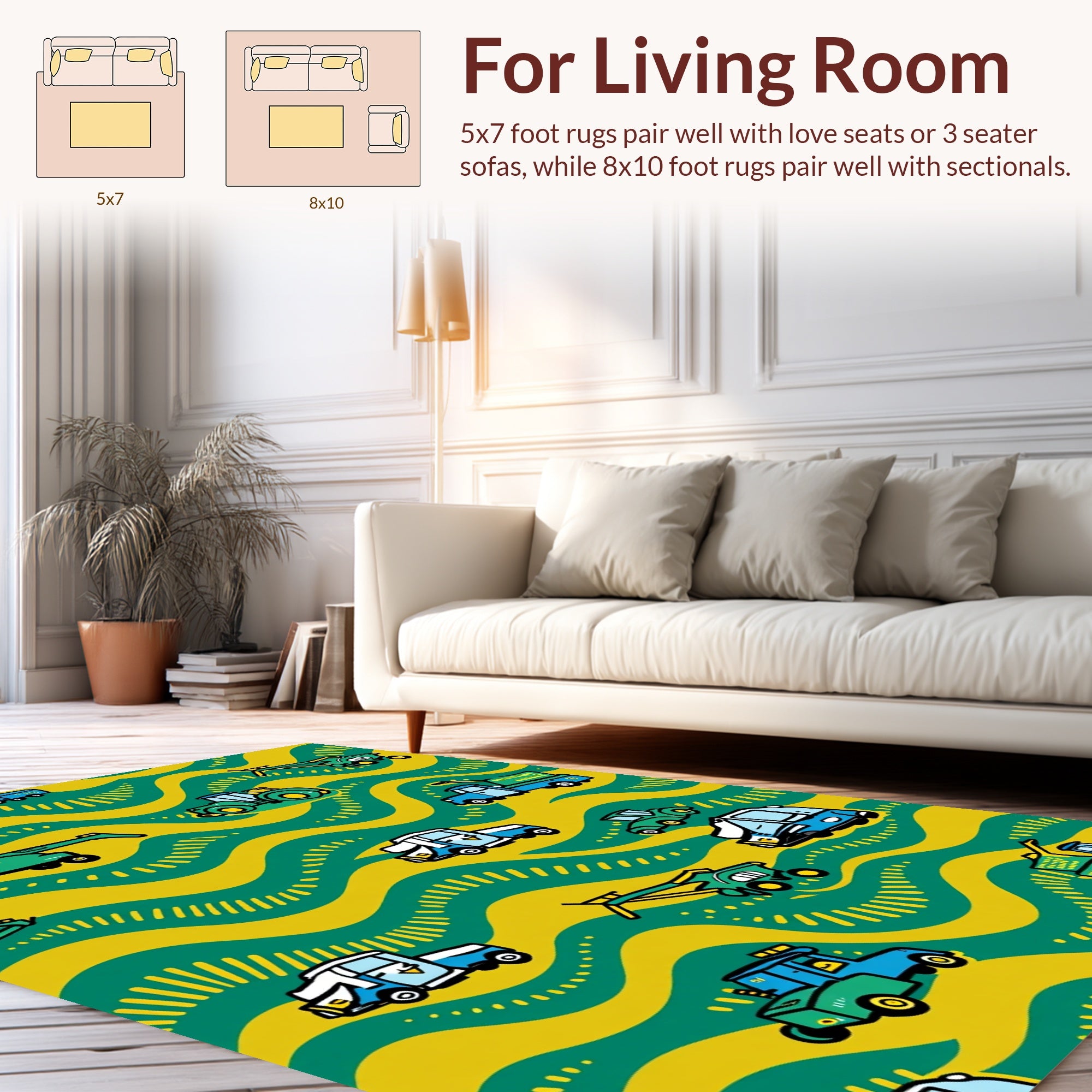 Playful Vehicles On Wavy Pattern Rug