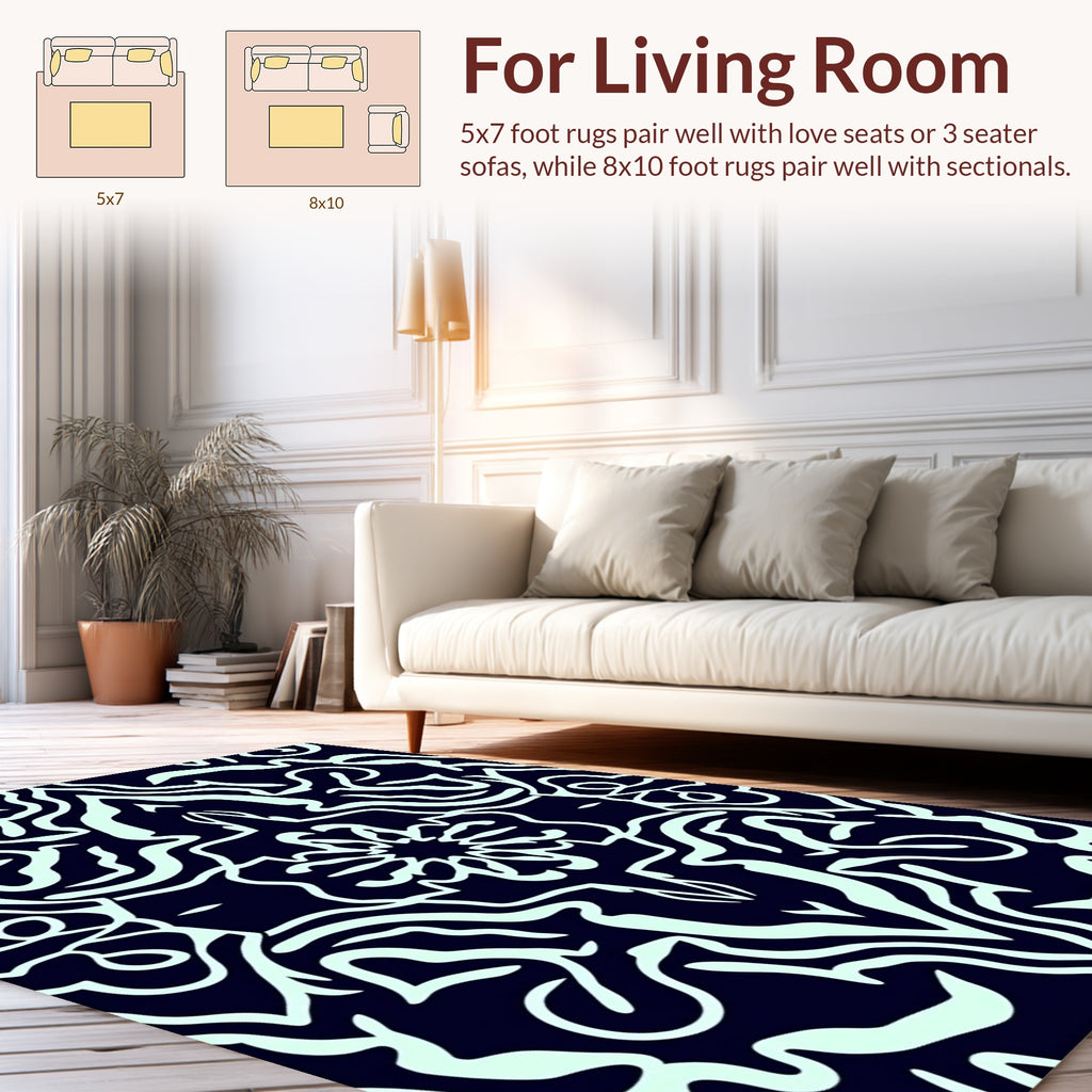 Dark Teal Stylized Floral Pattern Rug