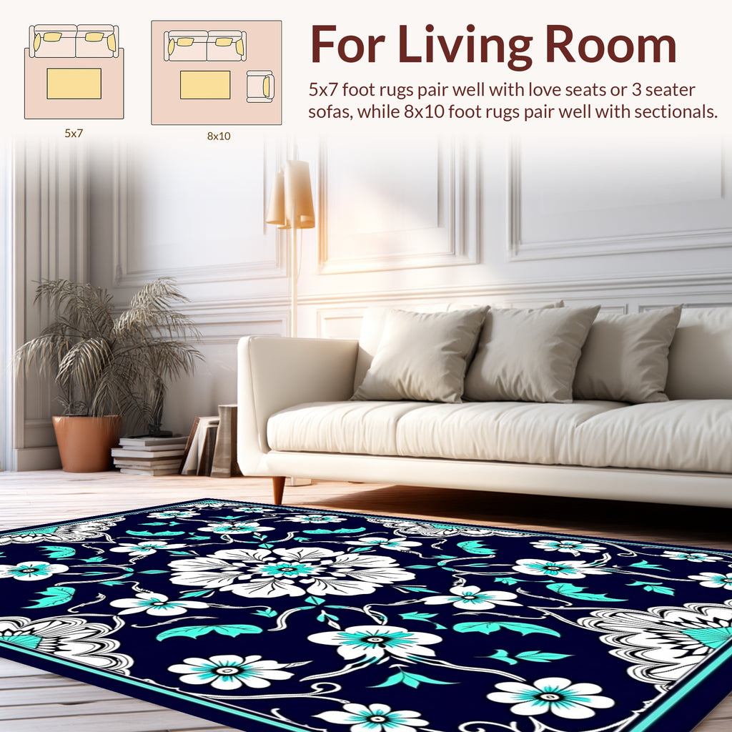 Navy Teal Floral Patterned Area Rug