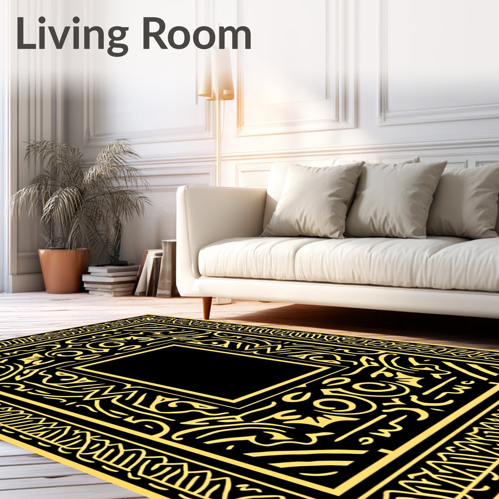 Black Gold Ornate Frame Pattern Rug