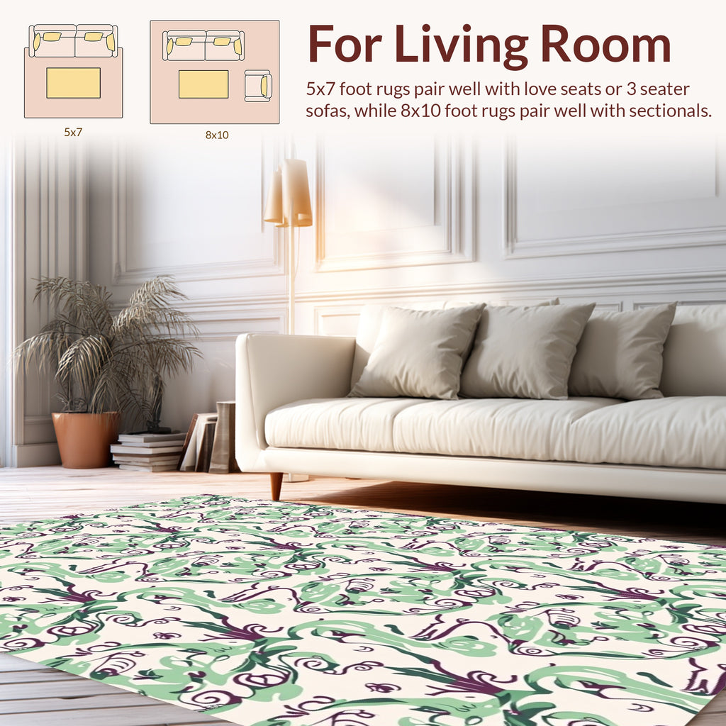 Abstract Swirls Green Plum Design Rug