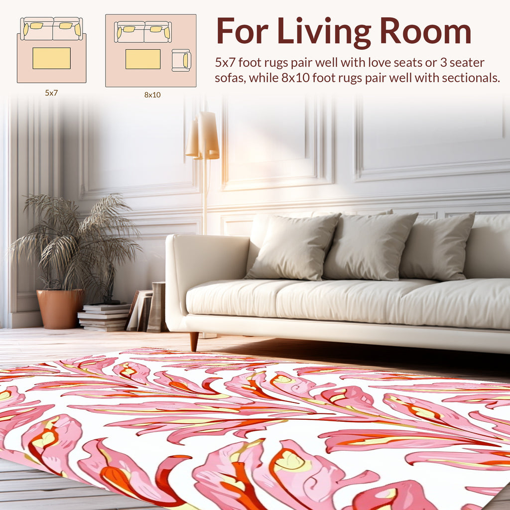 Coral Pink Leafy Branch Pattern Rug