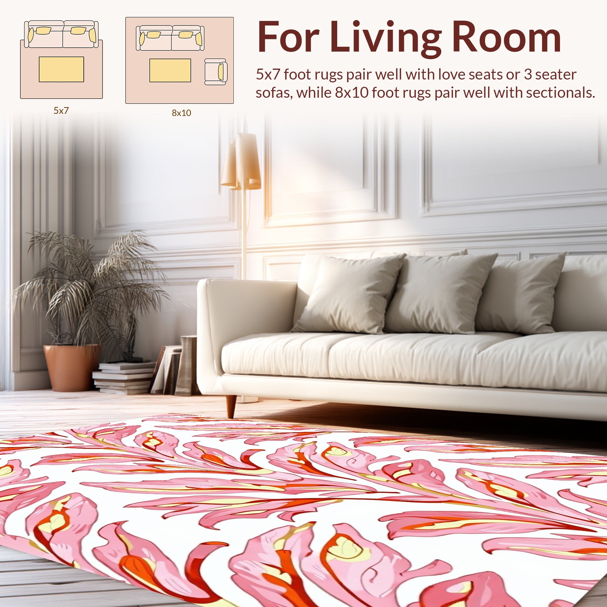 Coral Pink Leafy Branch Pattern Rug