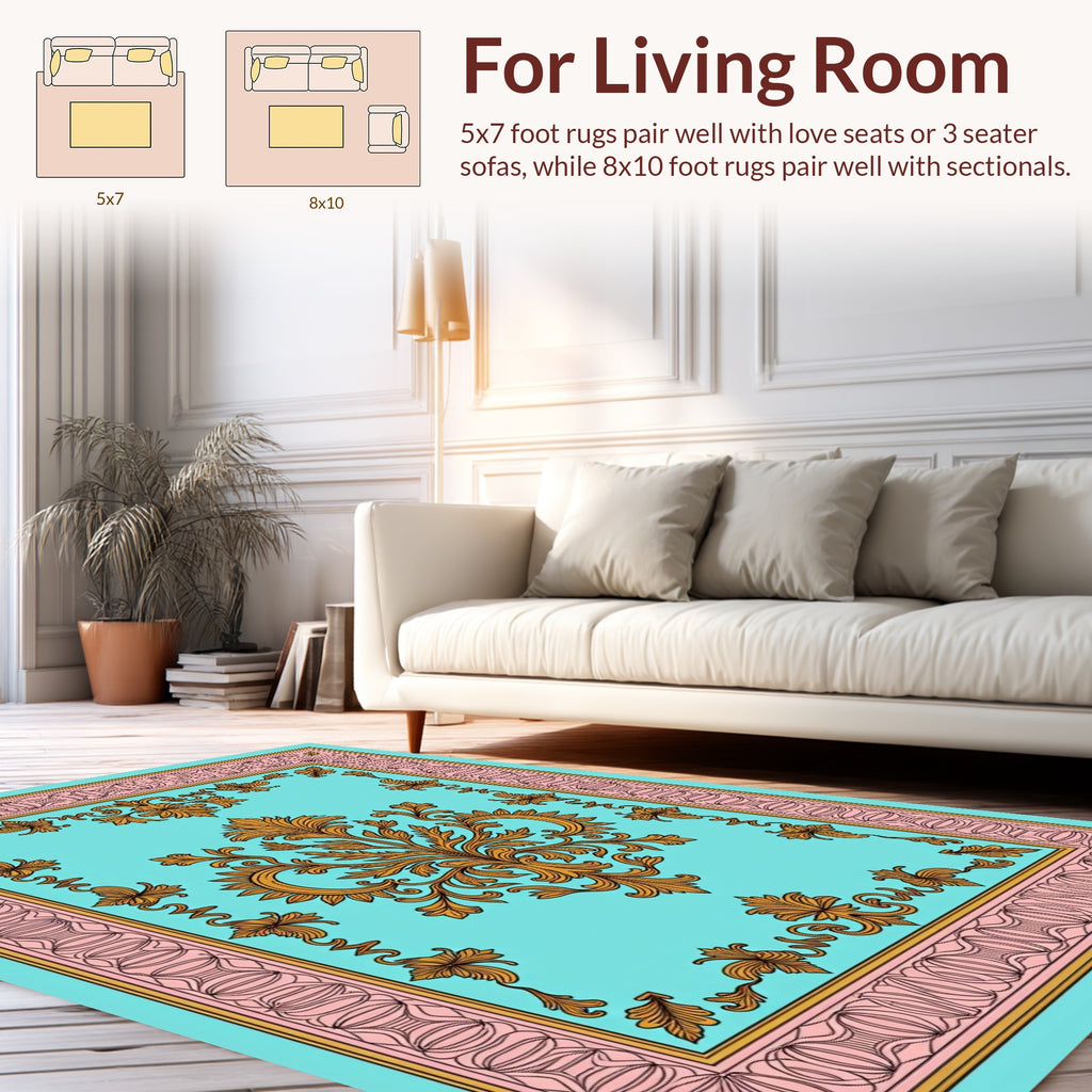 Aqua Golden Floral Border Rug