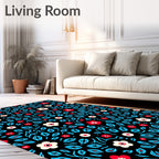 Bold Red White Flowers Aqua Leaves Rug