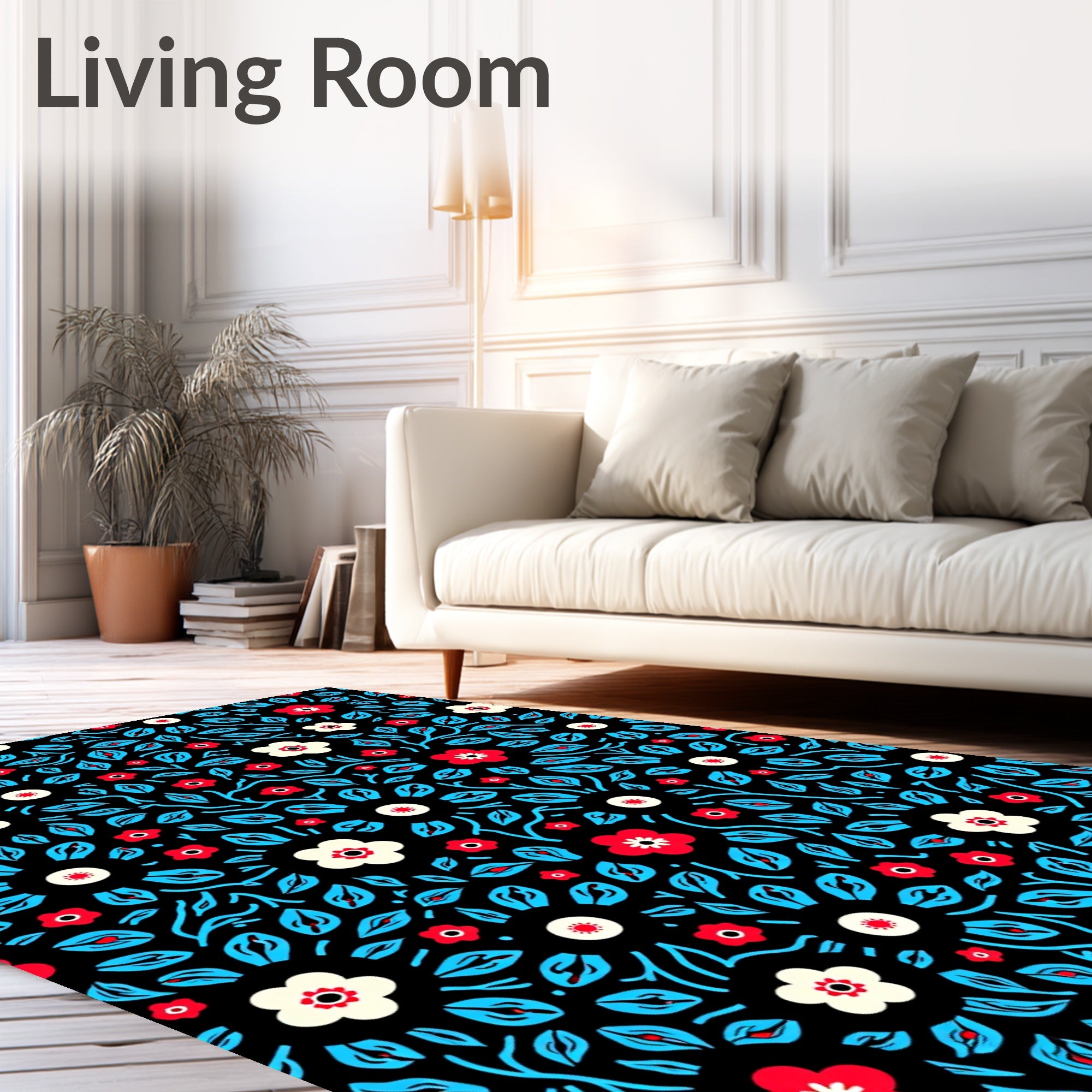 Bold Red White Flowers Aqua Leaves Rug