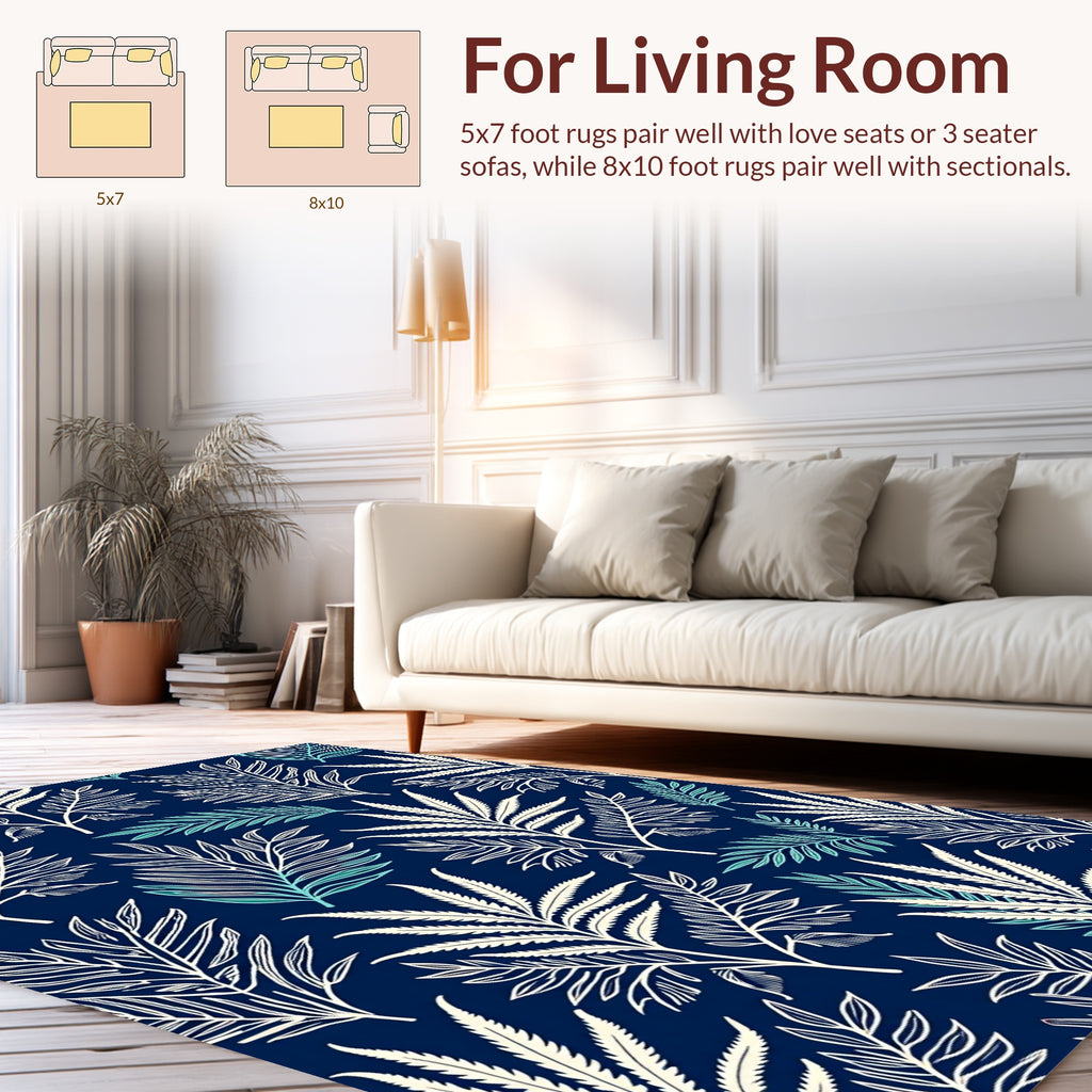 Navy Blue White Tropical Leaf Pattern Rug