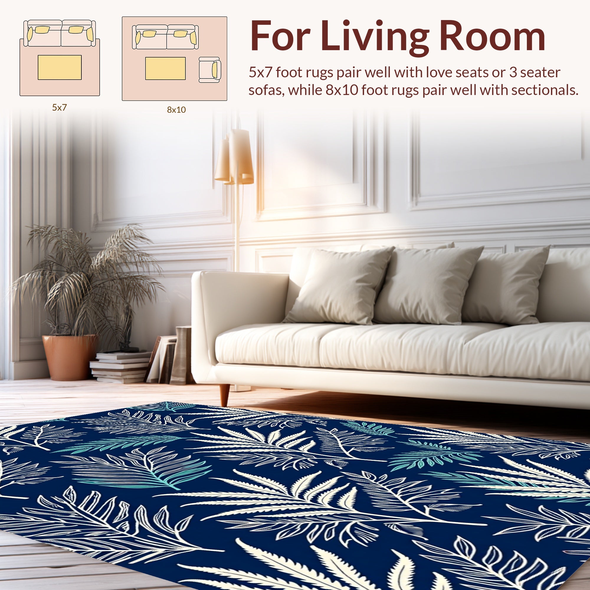 Navy Blue White Tropical Leaf Pattern Rug