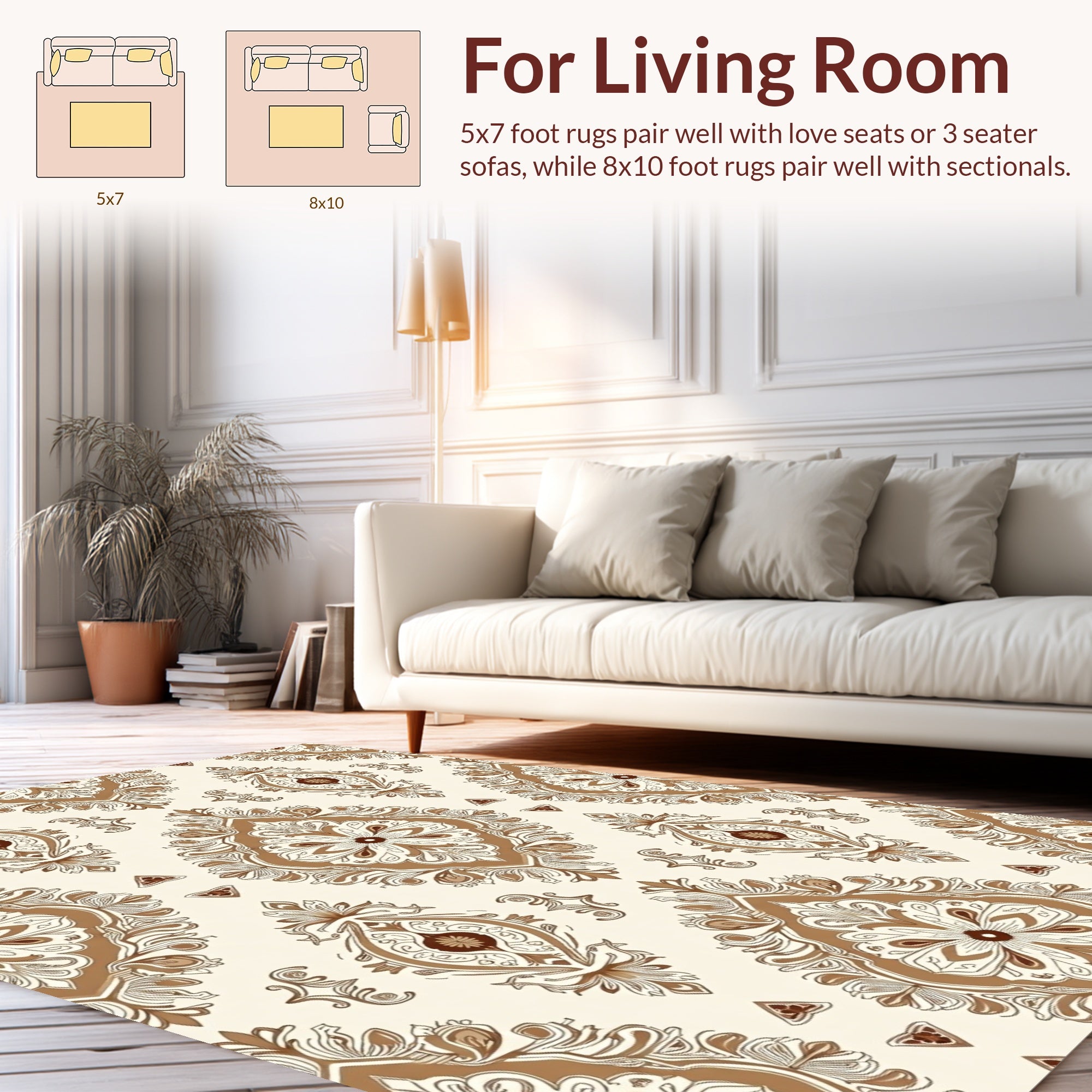 Brown Cream Baroque Damask Floral Rug