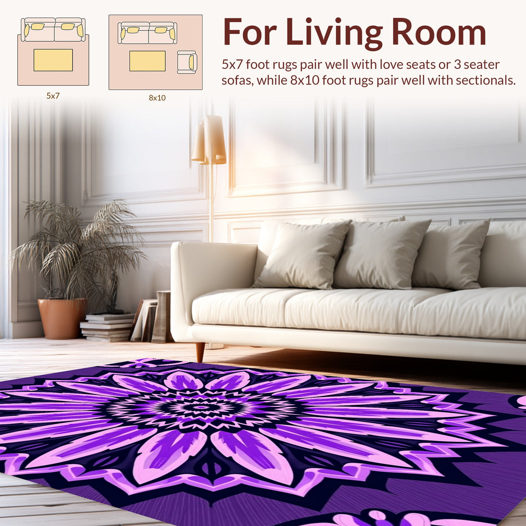 Purple Floral Sunburst Mandala Design Rug