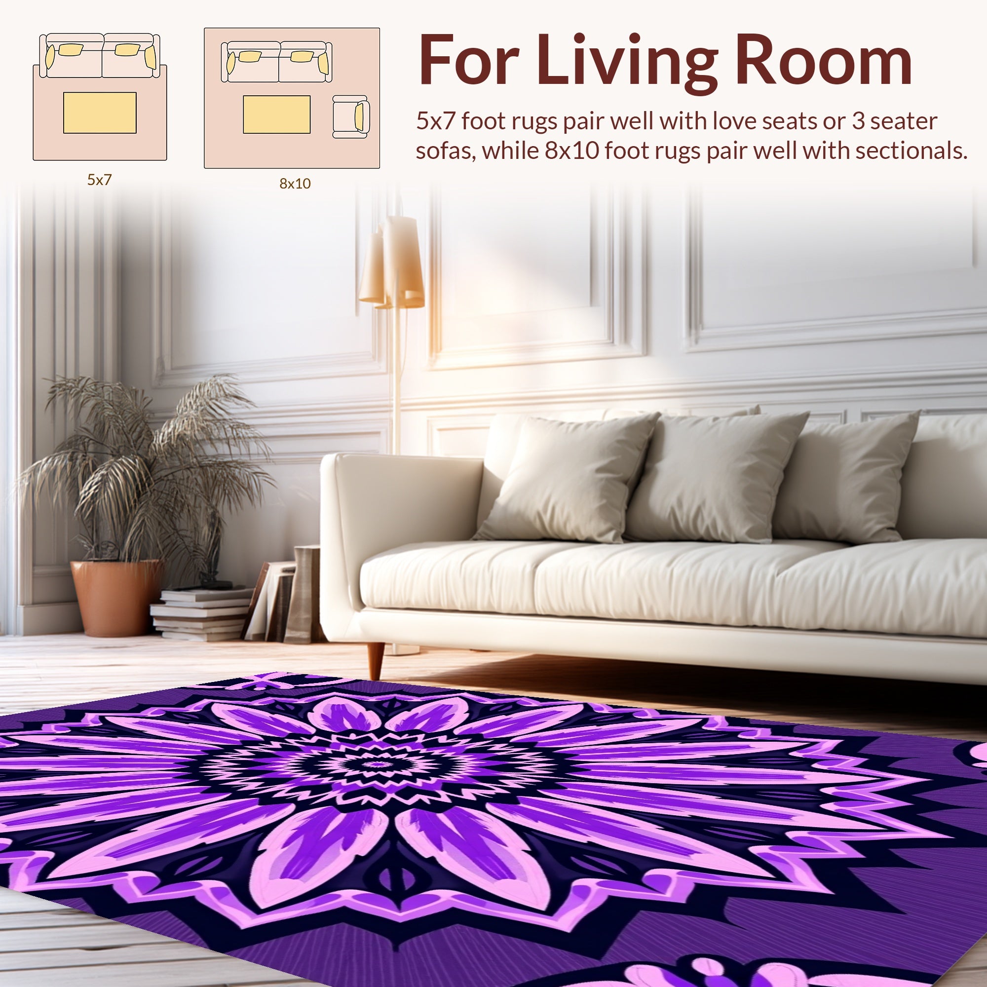 Purple Floral Sunburst Mandala Design Rug