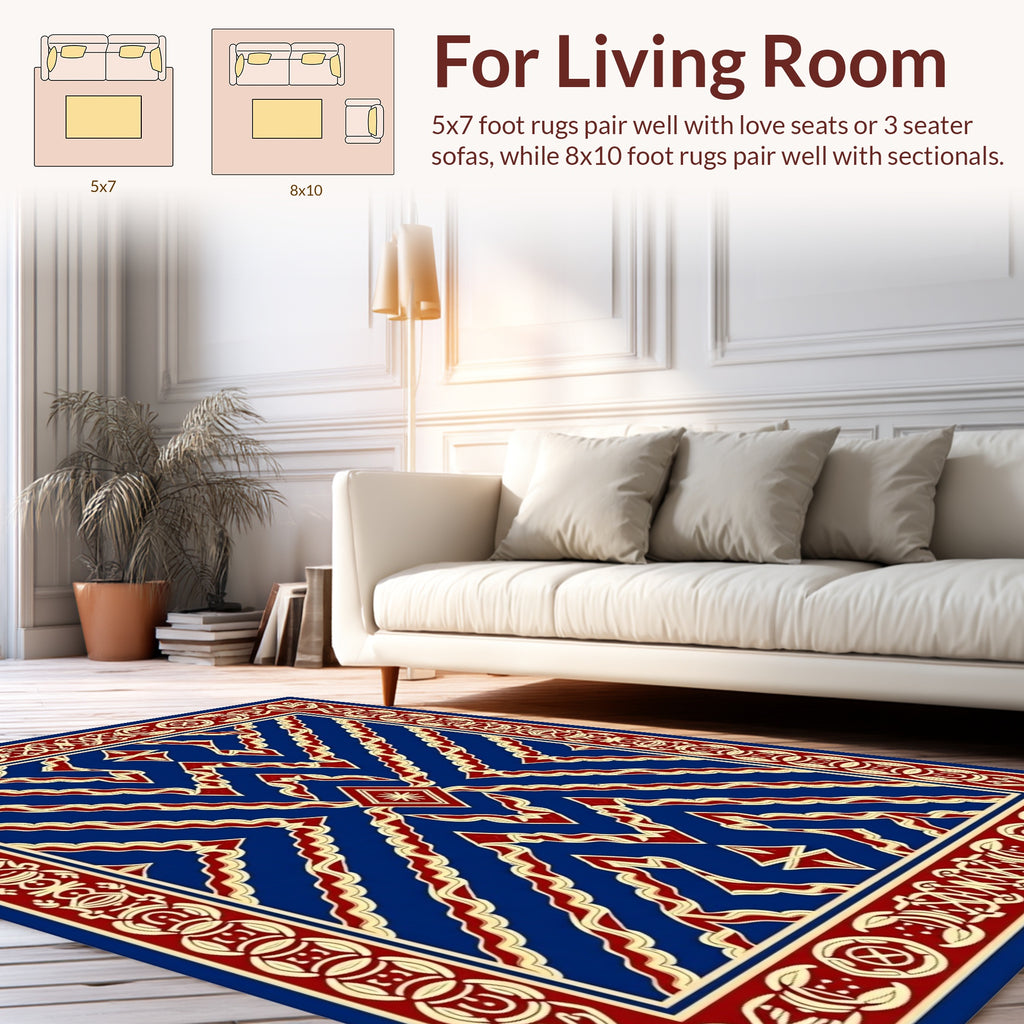 Rich Blue Red And Gold Geometric Design Rug