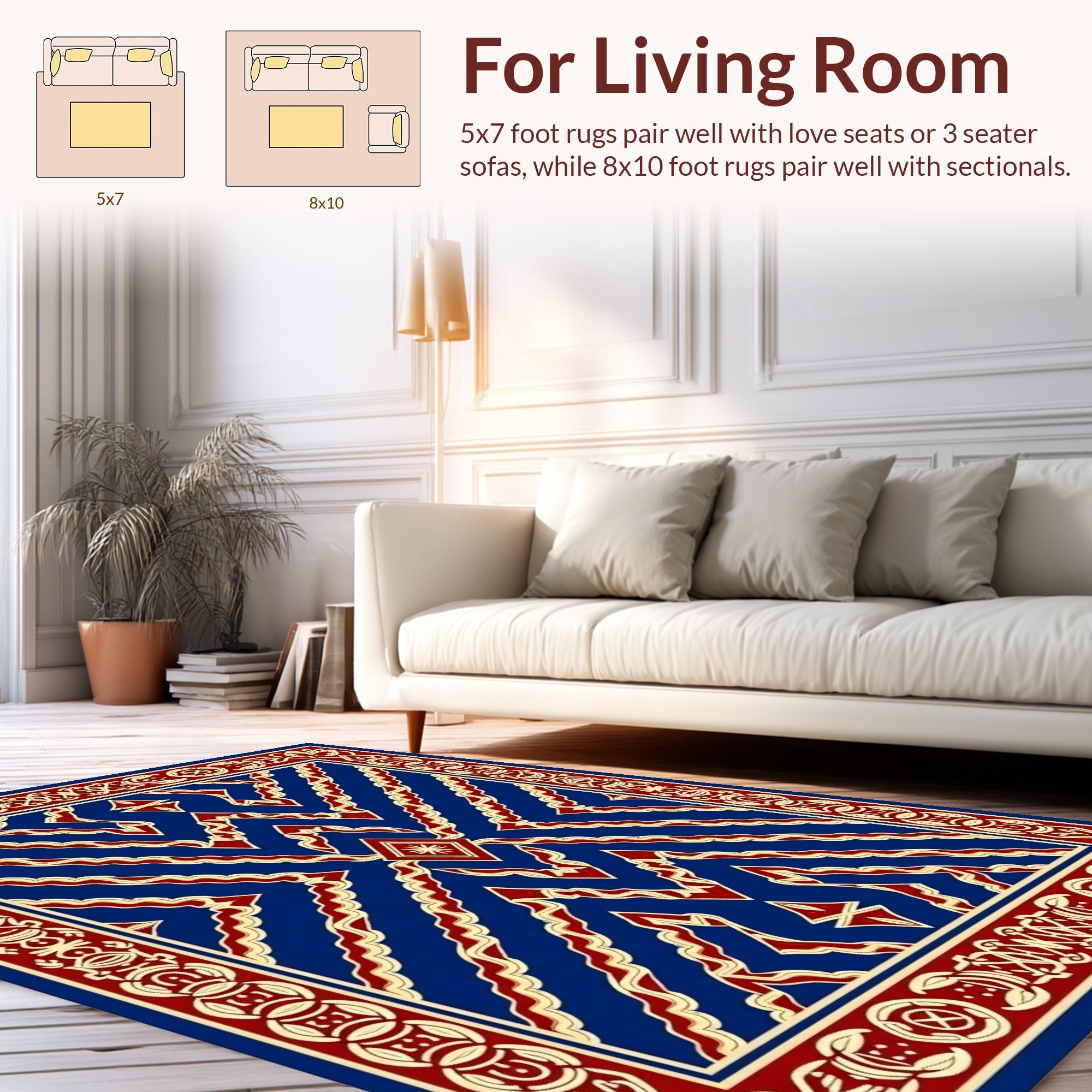 Rich Blue Red And Gold Geometric Design Rug