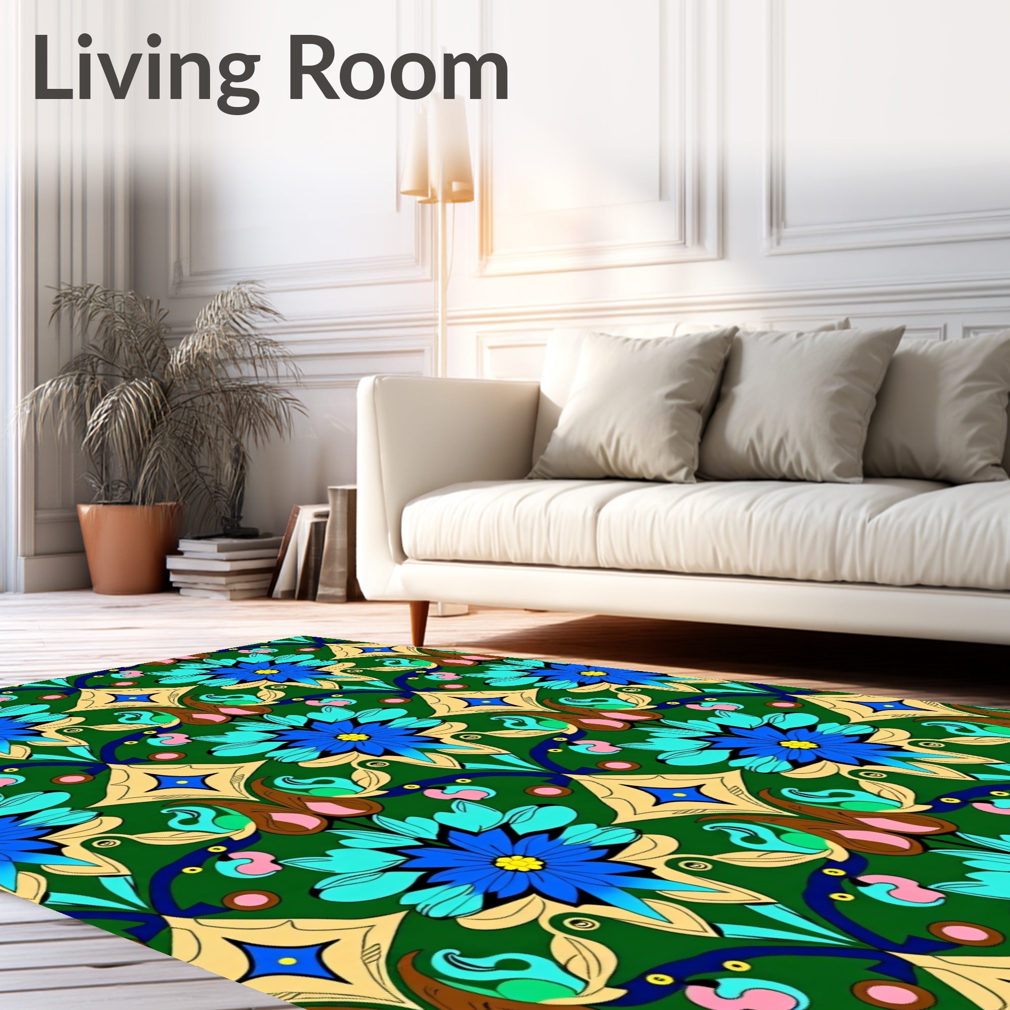 Emerald Green Blue Floral Peacock Medallion Rug