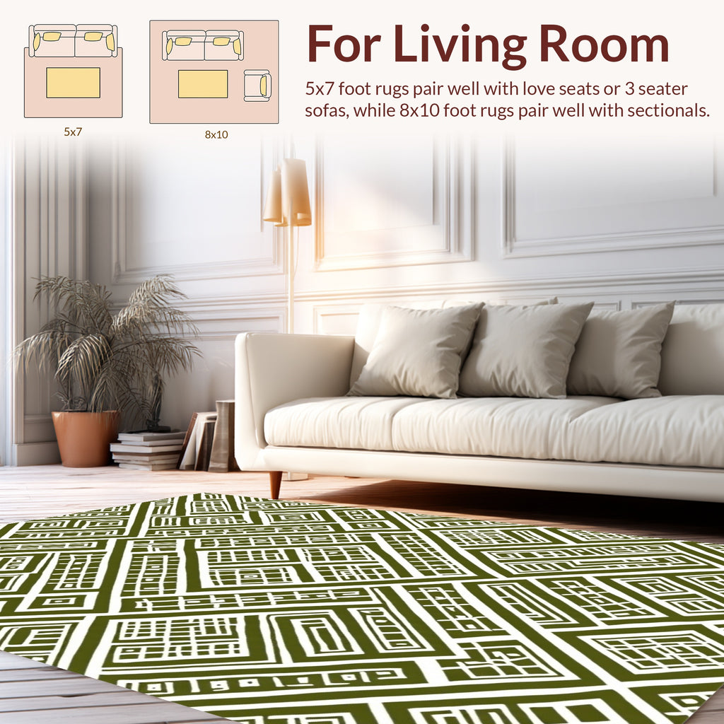 Olive Green Geometric Maze Pattern Rug