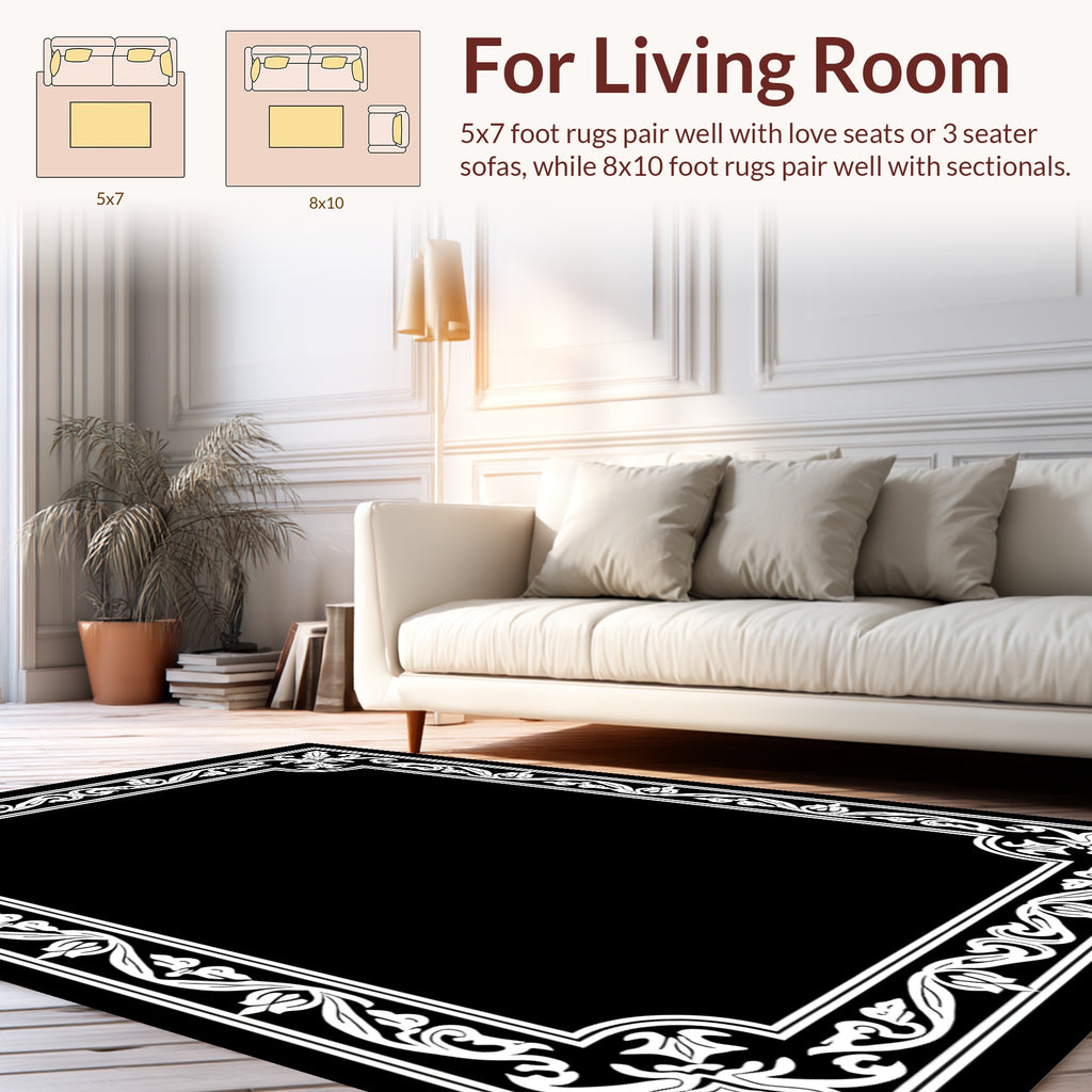 Ornate White Floral Border Design Rug