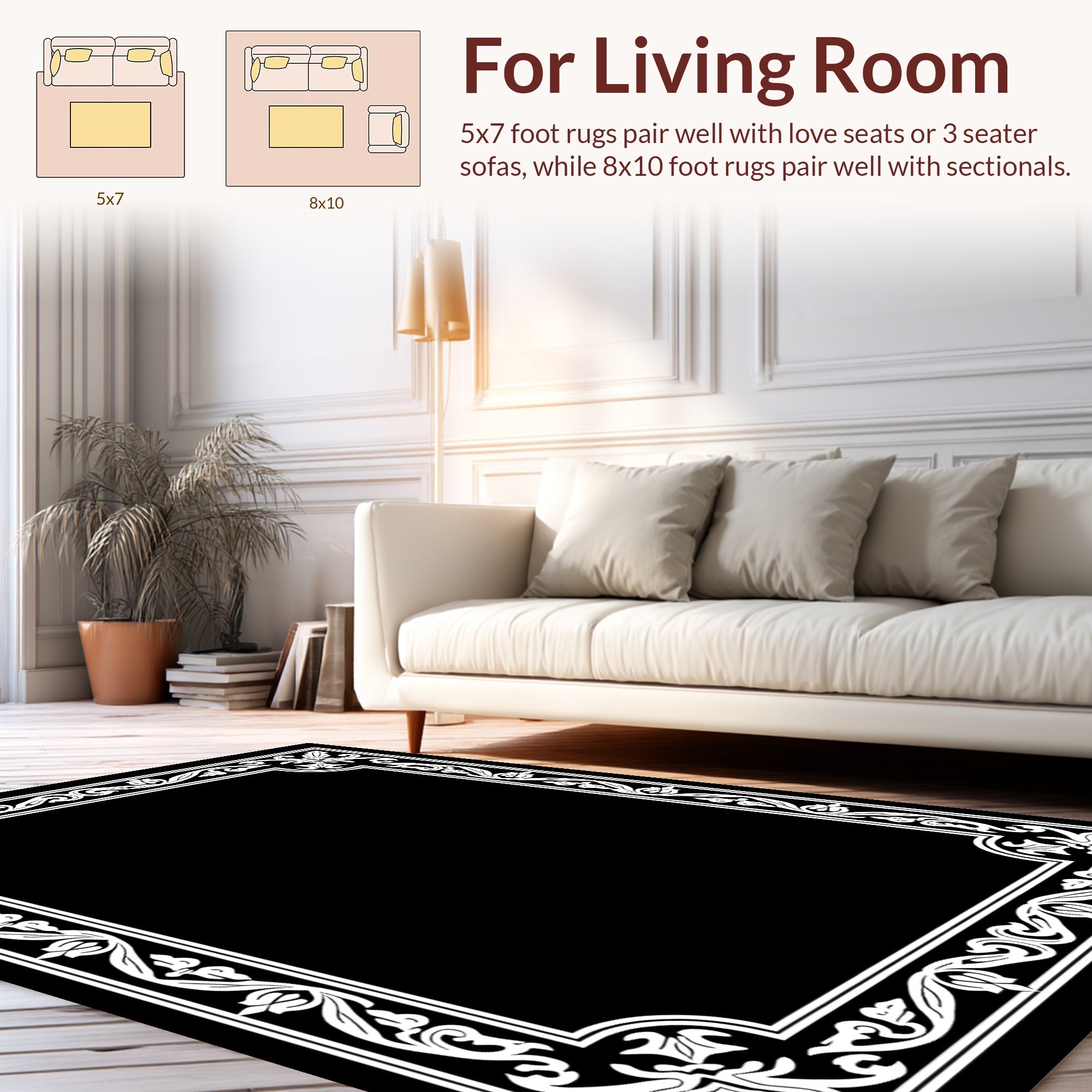 Ornate White Floral Border Design Rug