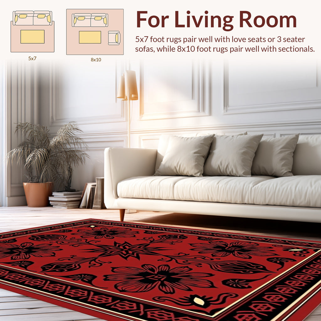 Bold Red Floral Geometric Pattern Rug