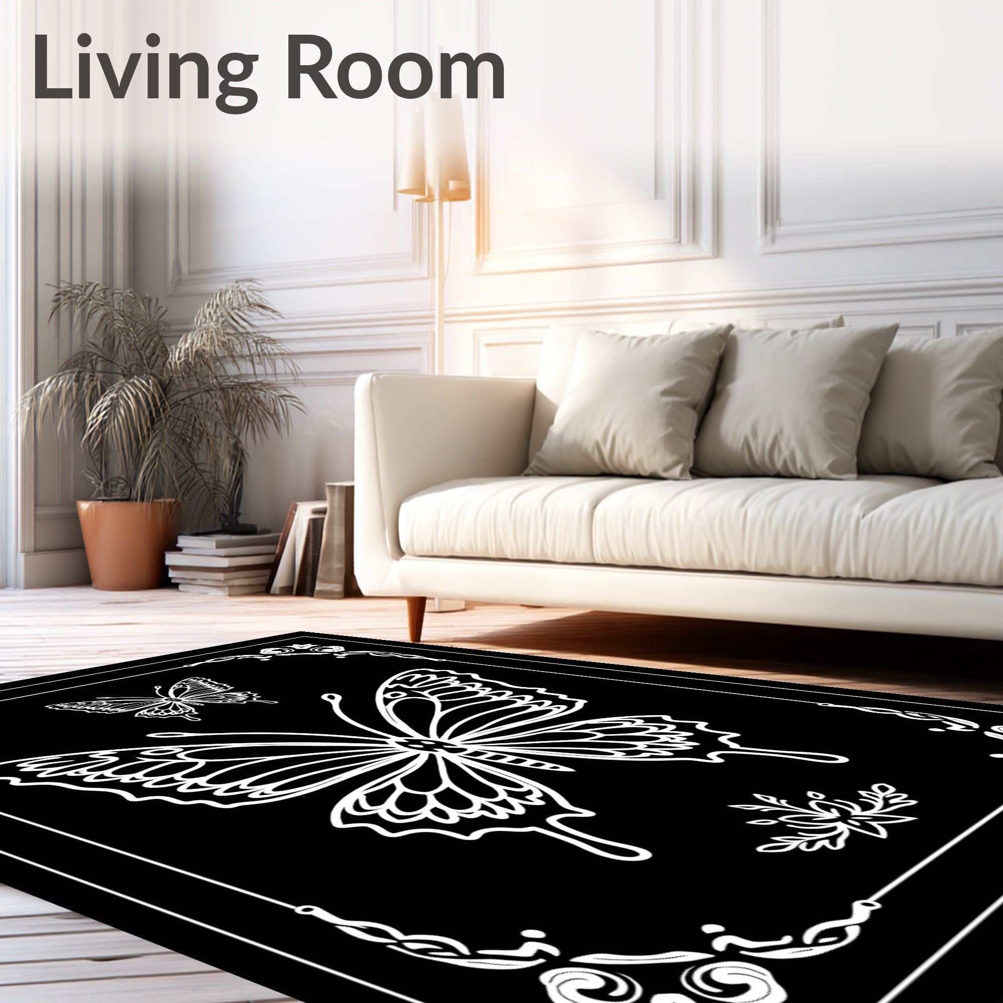 Classic Black White Butterfly Artistry Rug