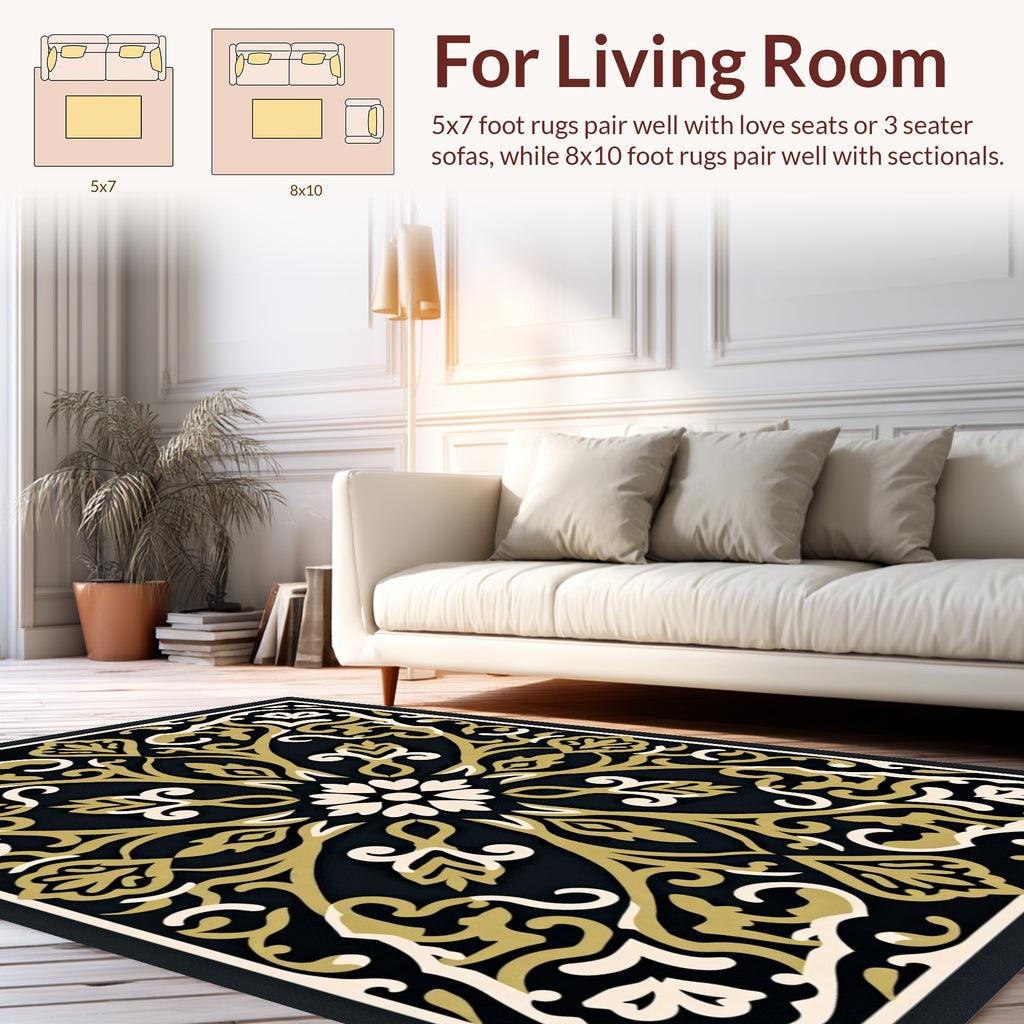 Intricate Gold Floral Damask Design Rug