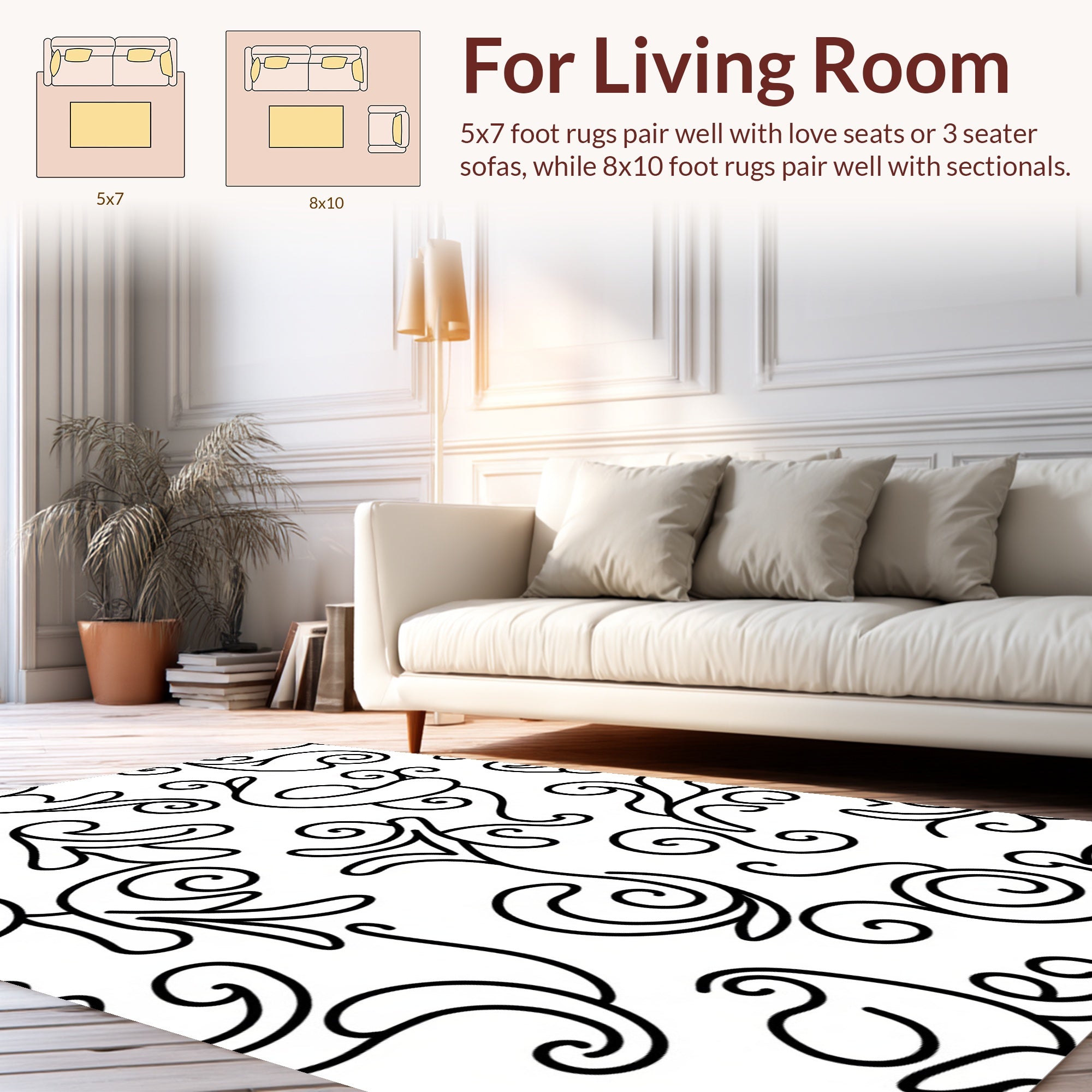 Whimsical Black Flourish Pattern Rug