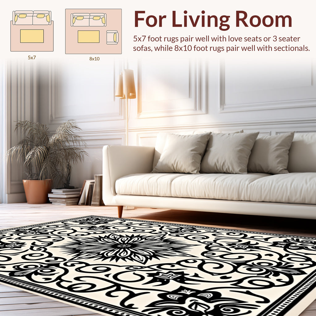 Intricate Black Floral Scroll Pattern Rug