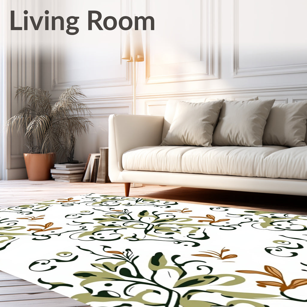 Olive Green Floral Vine Swirl Rug
