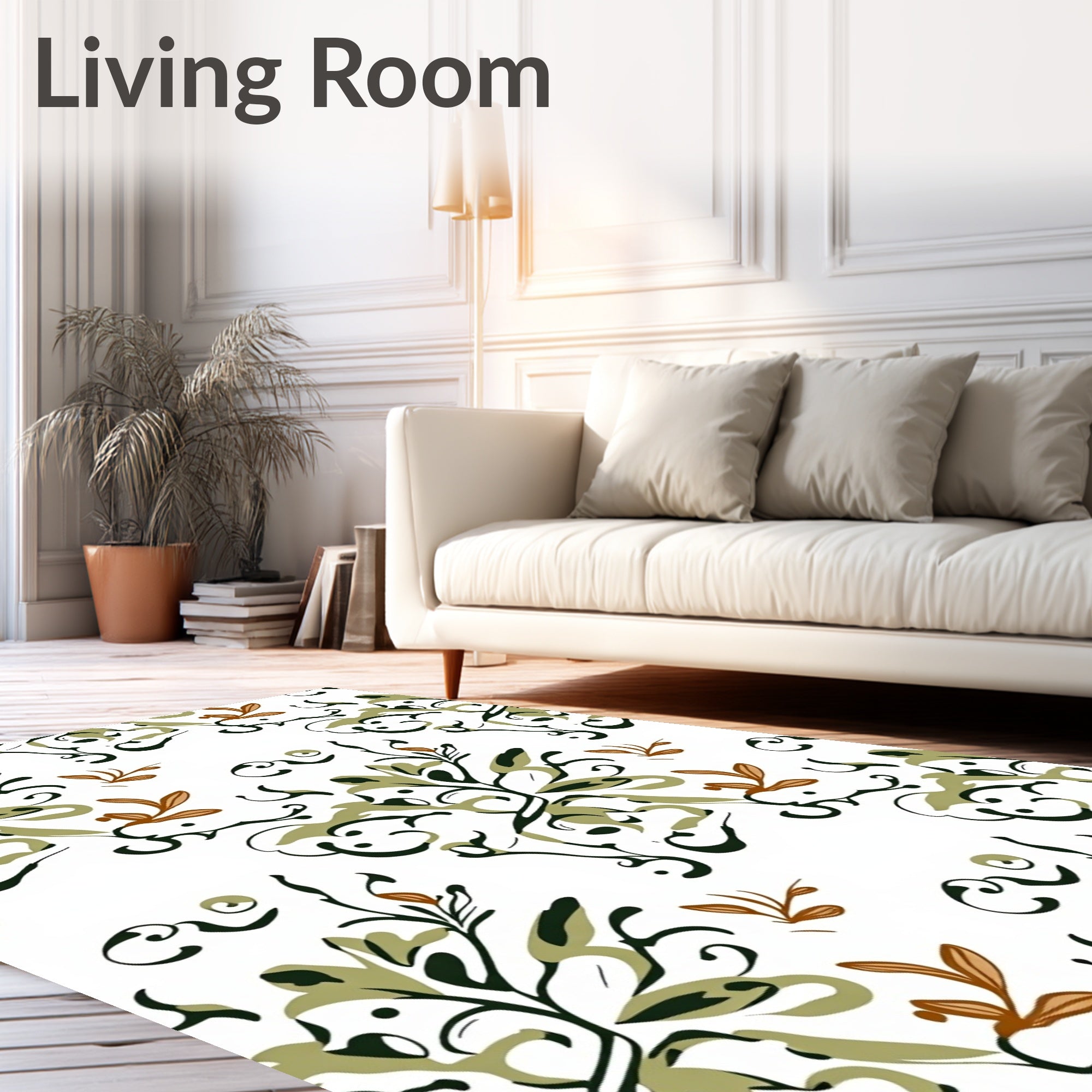 Olive Green Floral Vine Swirl Rug