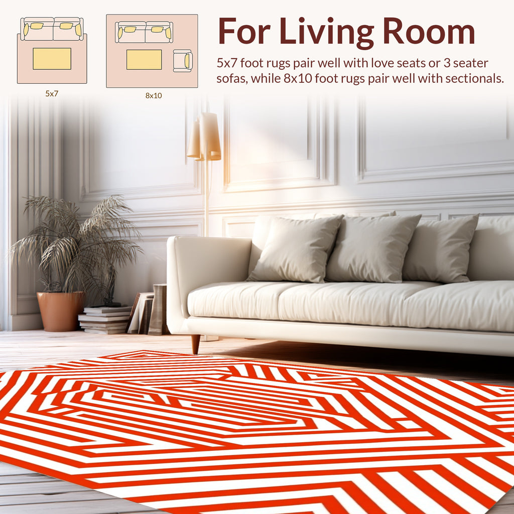Bold Red Orange Geometric Maze Design Rug