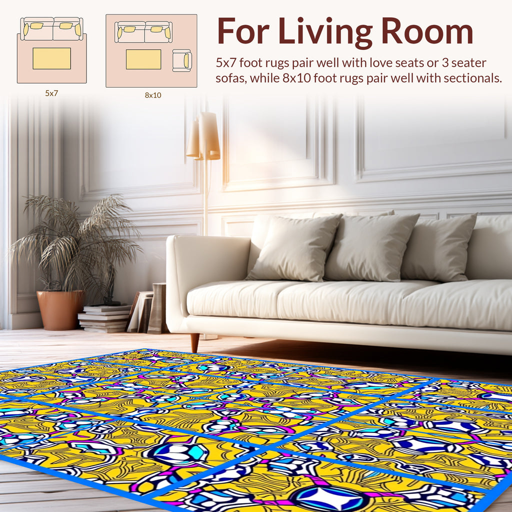 Vibrant Yellow Blue Kaleidoscopic Pattern Rug