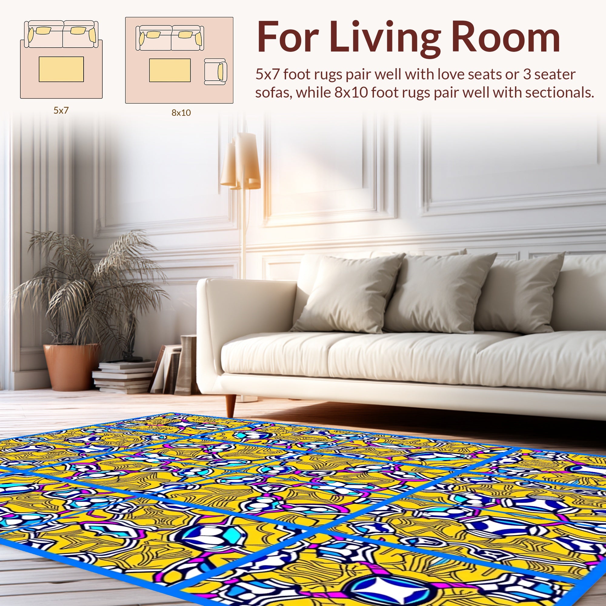 Vibrant Yellow Blue Kaleidoscopic Pattern Rug