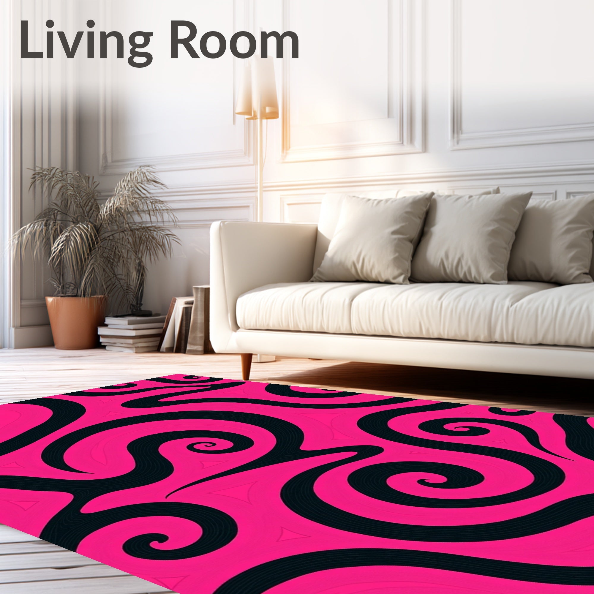 Vibrant Pink Swirls Black Curving Rug