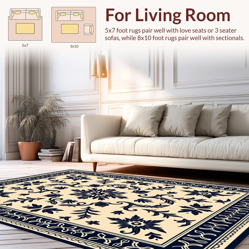 Vintage Floral Motif Navy Rug