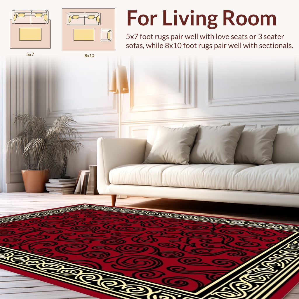 Rich Red and Gold Scrollwork Design Rug